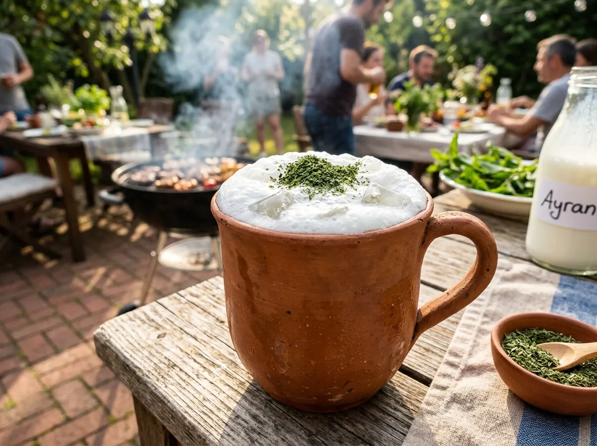 Eiskalter, schaumiger Ayran in einem Tonkrug an einem Grilltisch