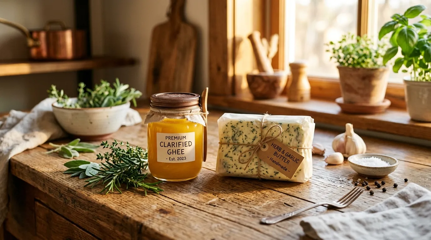 Frisch zubereitetes Ghee und Kräuterbutter auf einer rustikalen Holztheke