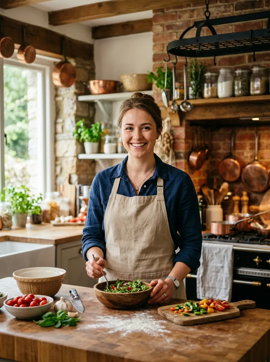 Miguela lächelnd in ihrer Küche beim Backen